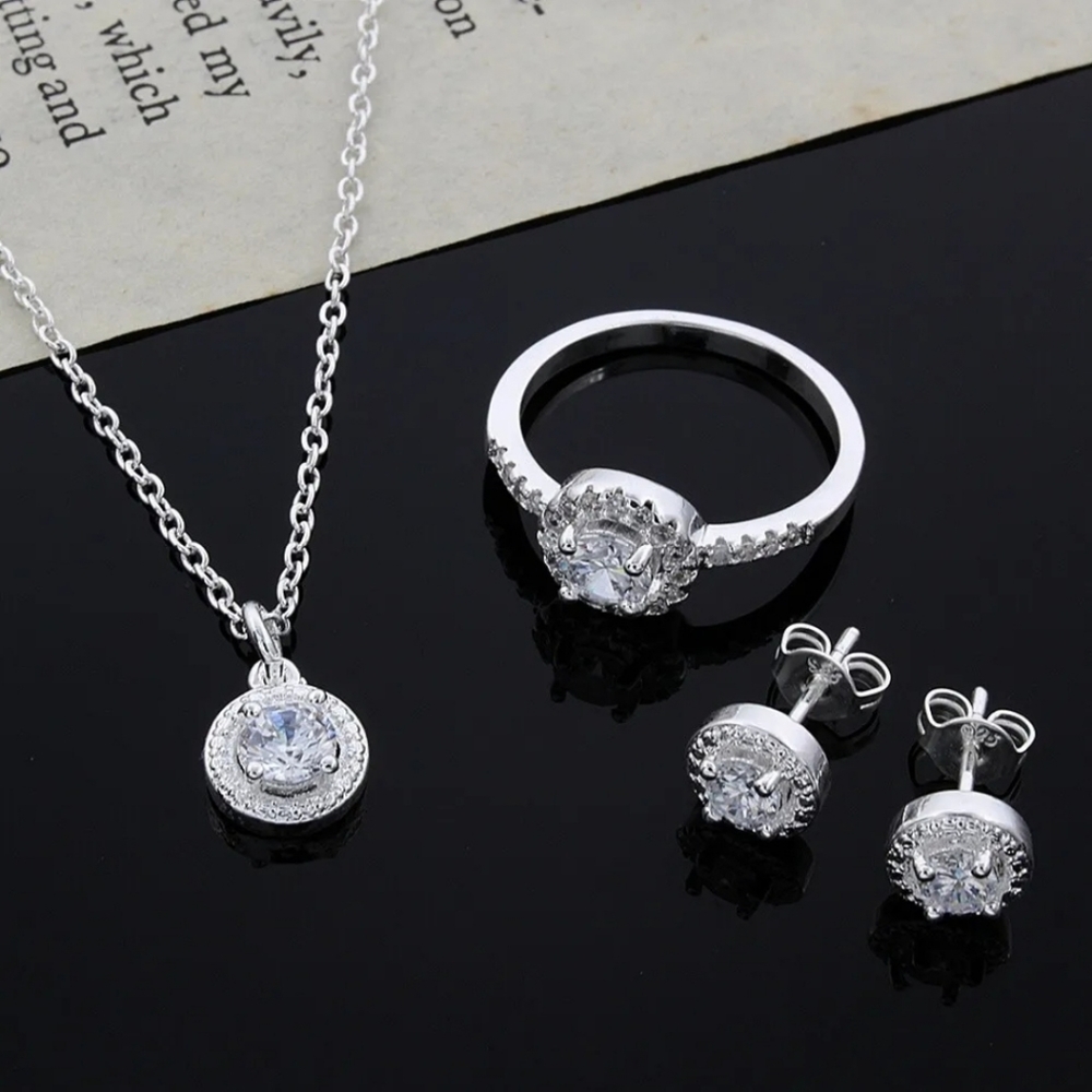 925 Sterling Silver Fine Crystal Necklace earrings ring For woman Jewelry Set